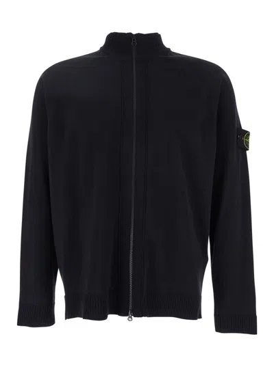 Stone Island Blue Cardigan With High Neck And Logo Patch On The Sleeve In Cotton Man In Black