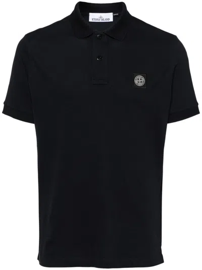 Stone Island Blue Compass Motif Polo Sweater In Black