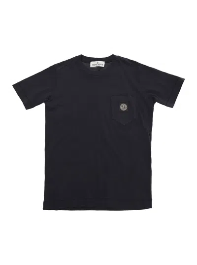 Stone Island Blue Crewneck T-shirt With Logo Patch In Cotton Boy