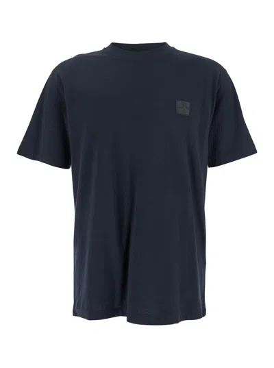 Stone Island Blue Crewneck T-shirt With Logo Patch On The Front In Cotton Man