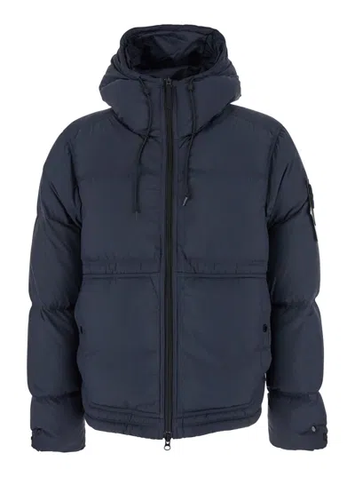 Stone Island Blue Down Jacket With Drawstring Hood And Logo Patch On The Sleeve In Tech Fabric Man