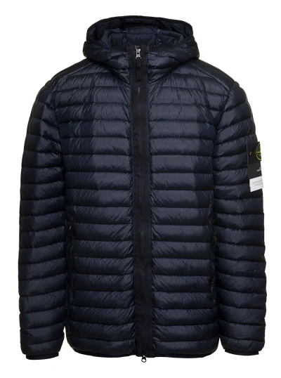 Stone Island Blue Down Jacket With Side Logo Patch In Nylon Man