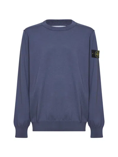 Stone Island Blue Grey Organic Cotton Knit Crewneck Sweater