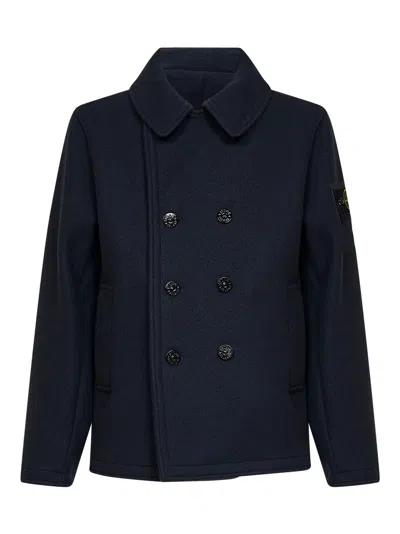Stone Island Blue Heavy Melton Wool Double-breasted Coat