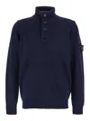 Stone Island Blue High Neck Sweater With Button Closure On The Front And Logo Patch On The Sleeve In Wool Man In Blue