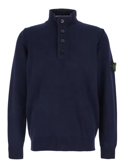 Stone Island Blue High Neck Sweater With Button Closure On The Front And Logo Patch On The Sleeve In Wool Man