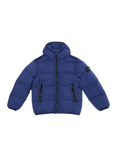 Stone Island Kids' Blue Hooded Down Jacket With Logo Patch In Polyamide Boy