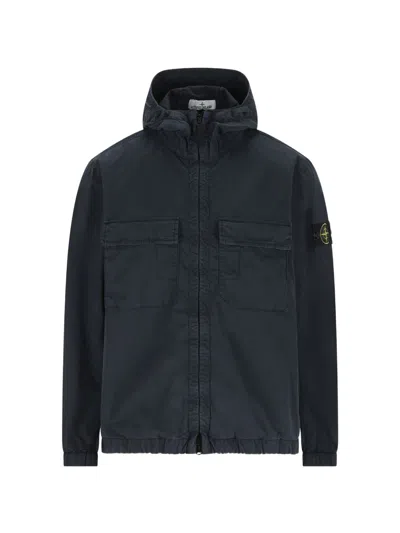 Stone Island Blue Hooded Zip Cotton Jacket