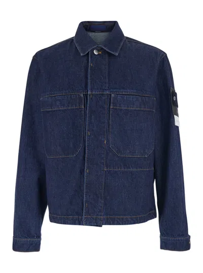 Stone Island Blue Jacket With Classic Collar And Logo Patch On The Sleeve In Denim Man