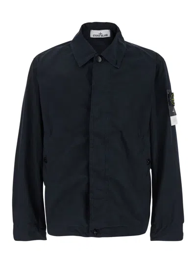 Stone Island Blue Jacket With Classic Collar And Logo Patch On The Sleeve In Tech Fabric Man In Black