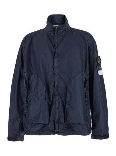 Stone Island Blue Jacket With High Collar And Compass Logo Applied On The Sleeve In Tech Fabric Man In V0020 Navy Blue
