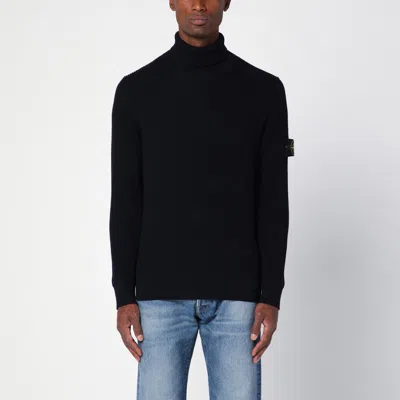 STONE ISLAND STONE ISLAND BLUE NAVY RIBBED TURTLENECK SWEATER IN WOOL