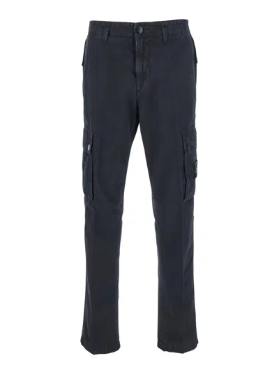 Stone Island Blue Pants With Cargo Pockets And Applied Compass Logo In Cotton Man