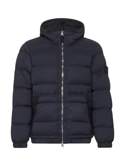 STONE ISLAND BLUE STRETCH NYLON HOODED DOWN JACKET