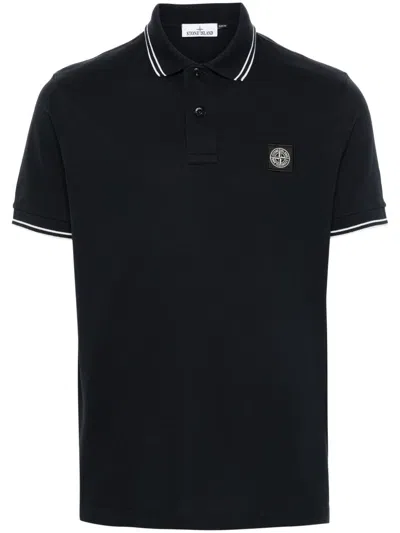 Stone Island Blue Stripe Trim Polo Sweater In Black