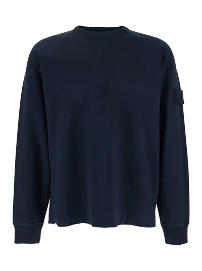 Stone Island Blue Sweatshirt With Removable Tone-on-tone Compass Logo Applied On The Sleeve In Cotto In Multicolor