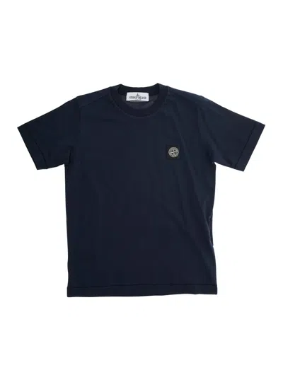 Stone Island Kids' Blue T-shirt With Round Neck And Logo Patch On The Front In Cotton Boy