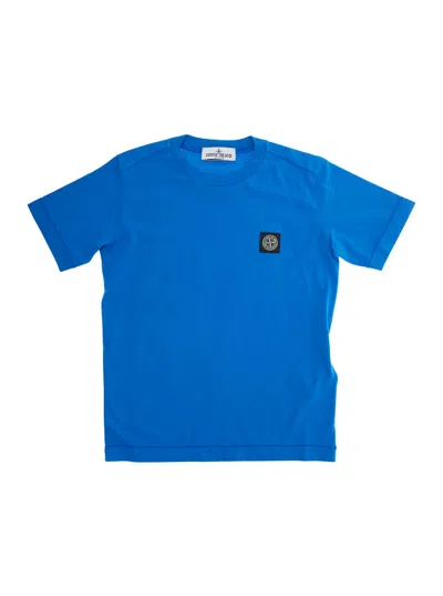 Stone Island Kids' Blue T-shirt With Round Neck And Logo Patch On The Front In Cotton Boy
