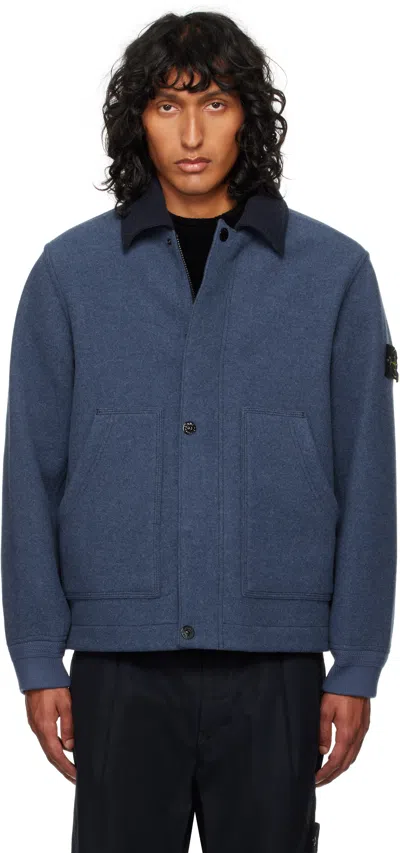 Stone Island Blue Wool Coach Jacket In V0027 Royal Blue