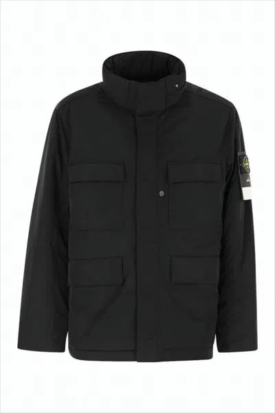 STONE ISLAND BOXY BLACK PADDED JACKET WITH HIGH COLLAR AND DISTINCTIVE PATCH