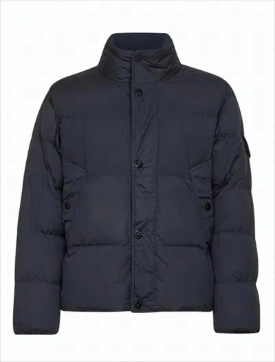 Stone Island Boxy Black Padded Jacket With Horizontal Quilting And Stand Collar In Blue