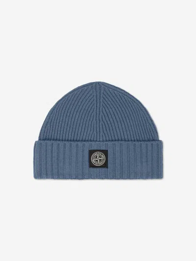 Stone Island Kids' Logo-patch Ribbed-knit Beanie Hat In Blue