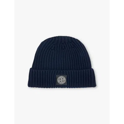 Stone Island Boys Navy Blue Kids Compass-patch Purl-knit Wool Beanie 2-16 Years