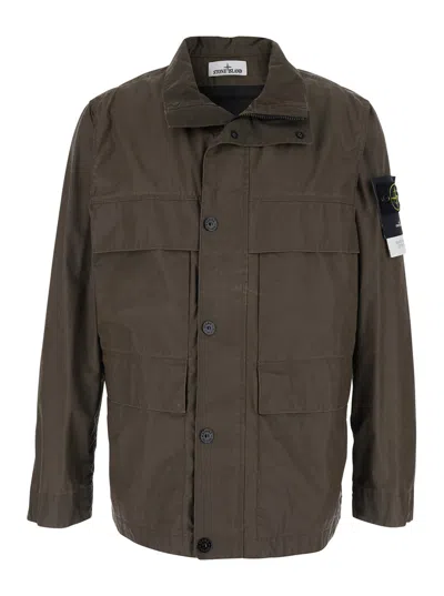 Stone Island Brown Jacket Logo Patch Sleeve Coated Cotton Blend Men's High-collar Zip-front Jacket In Green