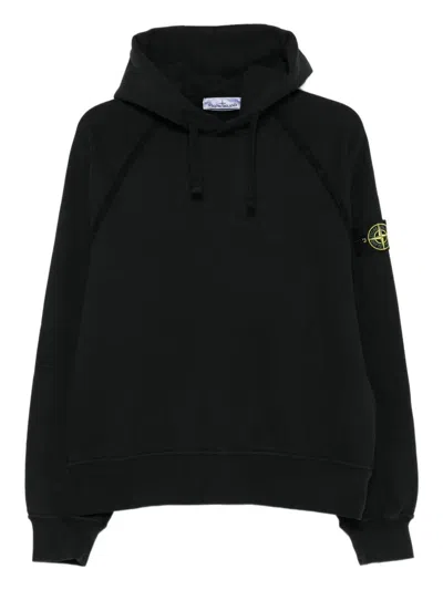Stone Island Brushed Organic Cotton Fleece Garment Dyed Hoodie Sweater Clothing In Black