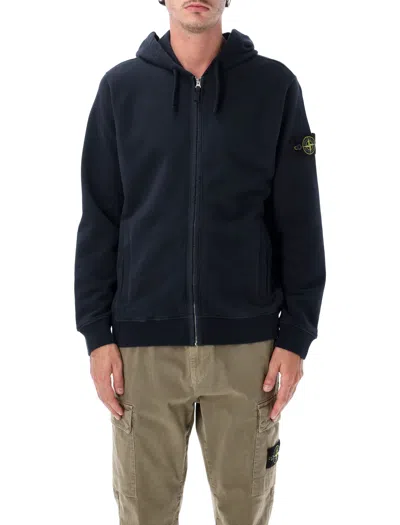 Stone Island Brushed Organic Cotton Full-zip Hoodie With Drawstring Hood And Badge Detail In Blue