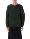 Stone Island Dark Green Crewneck Sweater With Ribbed Detailing And Iconic Logo In Green