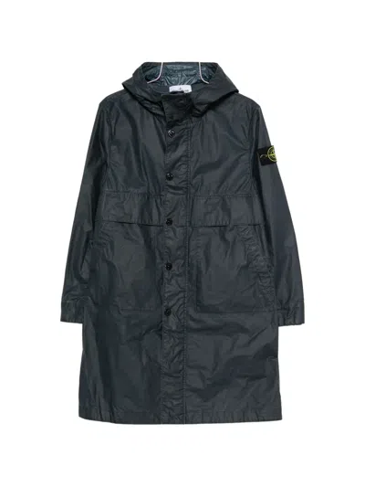Stone Island Button-fastening Hooded Coat In Blue
