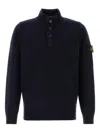 Stone Island Blue High Neck Sweater With Button Closure On The Front And Logo Patch On The Sleeve In Wool Man In Blue