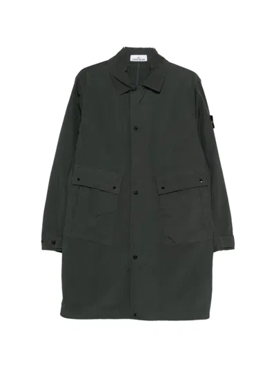 Stone Island Button Pocket Long Parka Coat In Black