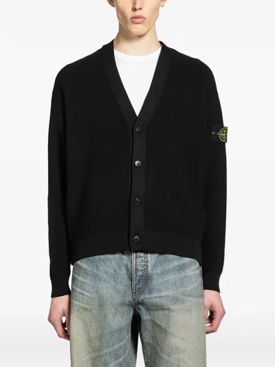 Stone Island Button Ribbed Cardigan In Black
