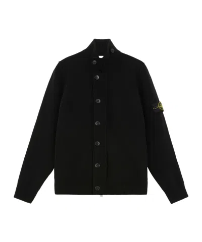 Stone Island Button-up Jumper With Felt Trims In Black