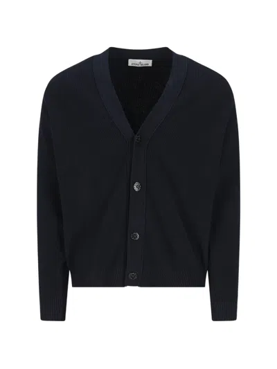 Stone Island Buttoned V-neck Cardigan Sweater In Blue