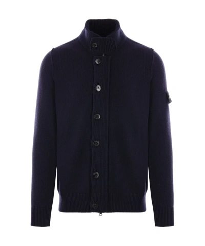 Stone Island Buttoned High Neck Cardigan In Blue