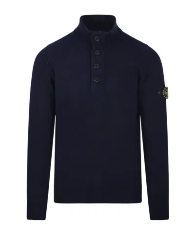 Stone Island Buttoned High Neck Sweater In Blue