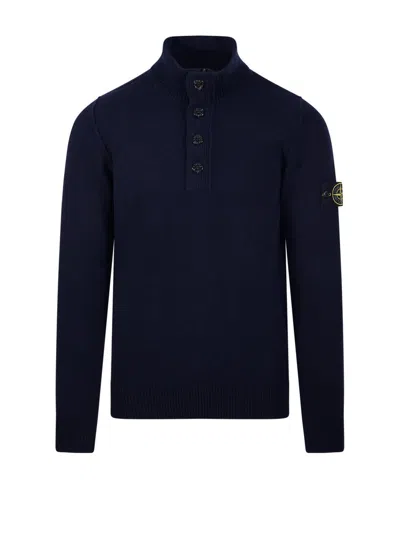 Stone Island Buttoned High Neck Sweater In Bleu