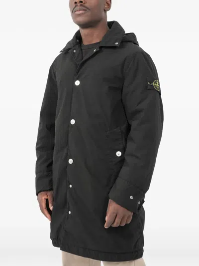 Stone Island Buttoned Hooded Coat In Black