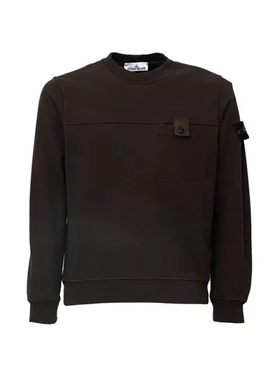 Stone Island Long-sleeve Crewneck Sweatshirt With Ribbed Details And Chest Pocket In Brown