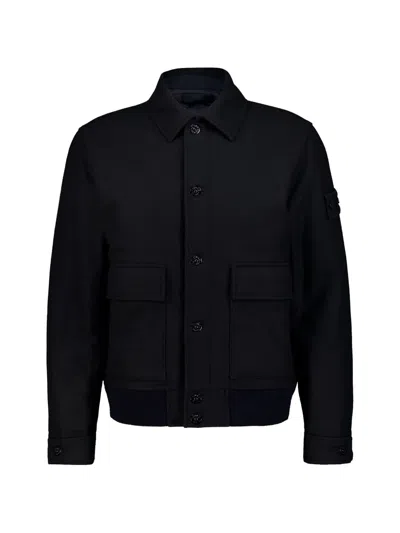 Stone Island Button-up Logo-patch Wool Jacket In Blue