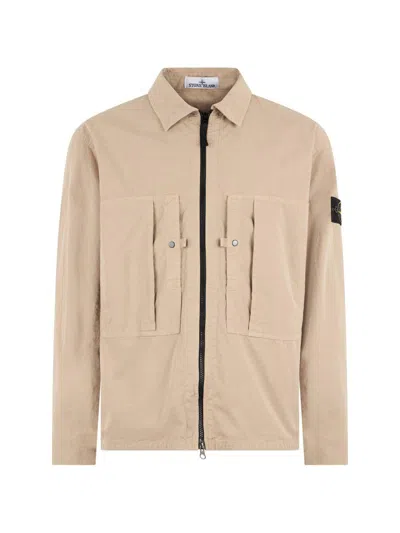 Stone Island Camicia In Cotone Beige Con Zip E Tasche  In Gold