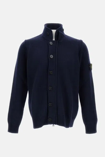 Stone Island Textured Knit Sweater With Button-up Design In Blue