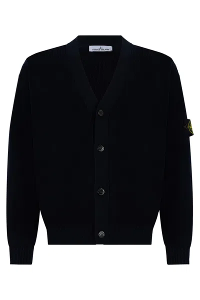Stone Island V-neck Cotton Cardigan With Distinctive Logo Patch In Black