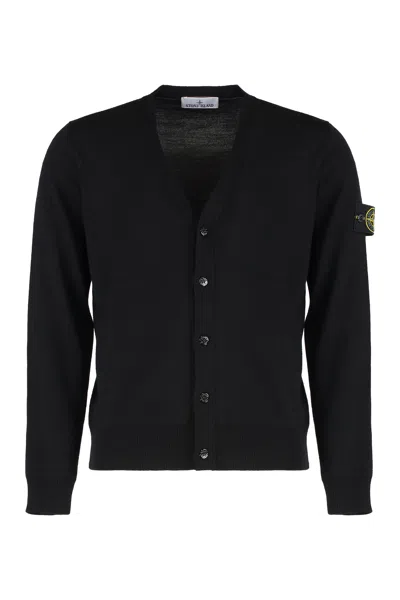 Stone Island Cardigan In Virgin Wool In Black