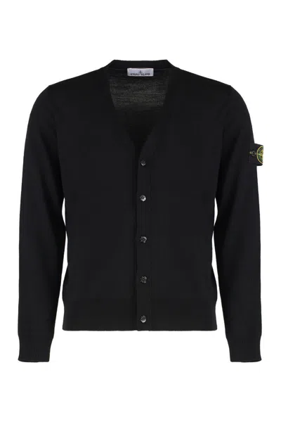 Stone Island Cardigan In Virgin Wool In Black