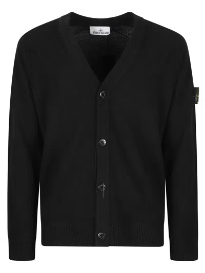 Stone Island Cardigan-style Sweater With V-neckline And Distinctive Logo In Black