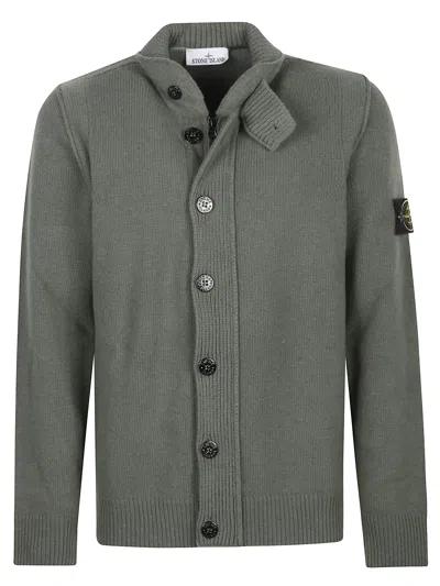 Stone Island Cardigan Sweather With Logo In Green